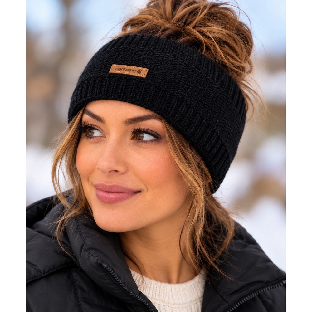 Carhartt Womens Ribbed Knit Sherpa Lined Headband OS Black Ear Warmer Winter